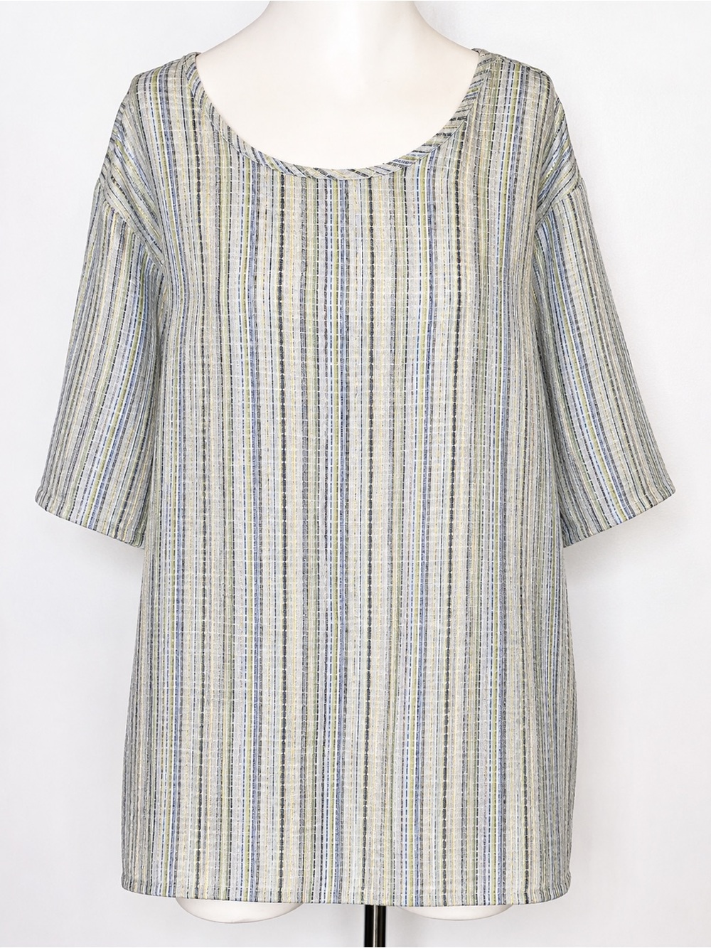 FLAX Linen Striped Tunic Top Blue Green No Size Tag Oversized Boho